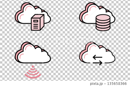 クラウドコンピューティングを表すアイコンセットのサーバーとデータ通信のイラスト クラウドコンピューティングを表すアイコンセットのサーバーとデータ通信のイラスト 135658366