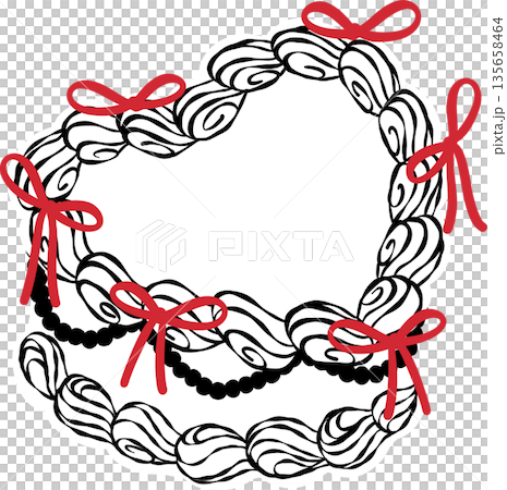 Vintage heart shape cake white and black outline with red bow whimsical hand drawn doodle. Vintage heart shape cake white and black outline with red bow whimsical hand drawn doodle. 135658464