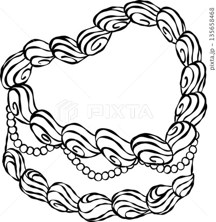 Vintage heart shape cake white and black outline, whimsical hand drawn doodle. Vintage heart shape cake white and black outline, whimsical hand drawn doodle. 135658468