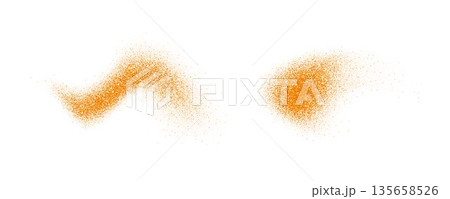 Orange spices powder splashes. Cumin and curry flakes scattered on surface. Flying masala seasoning particles burst. Dust sand and dirt textured piles. Dry spicy explosion. Vector illustration Orange spices powder splashes. Cumin and curry flakes scattered on surface. Flying masala seasoning particles burst. Dust sand and dirt textured piles. Dry spicy explosion. Vector illustration 135658526