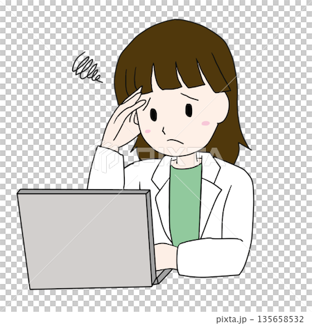Medical illustration of a female doctor struggling with computer work 135658532