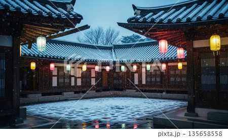 Snowy Winter Evening in a Traditional Korean Hanok Courtyard with Colorful Lanterns and Copy Space 135658558