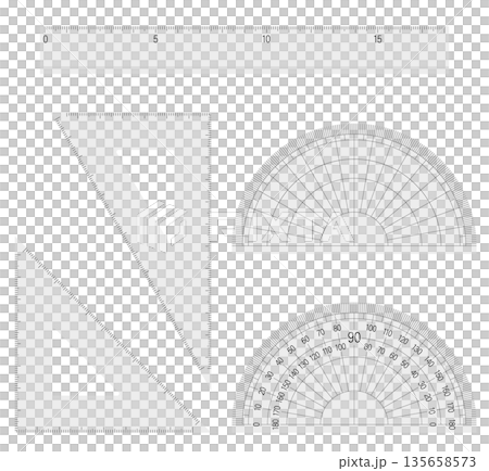 一組5件透明材質的文具插圖:尺、三角板、量角器 一組5件透明材質的文具插圖:尺、三角板、量角器 135658573