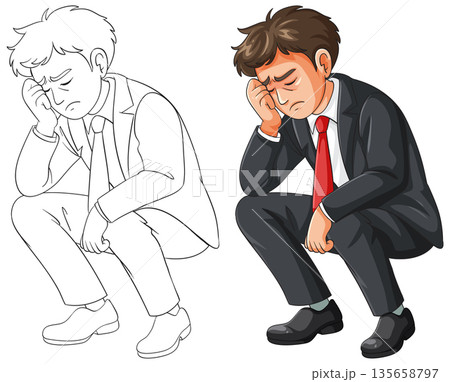 Businessman Squatting in Deep Thought with Hand on Head 135658797