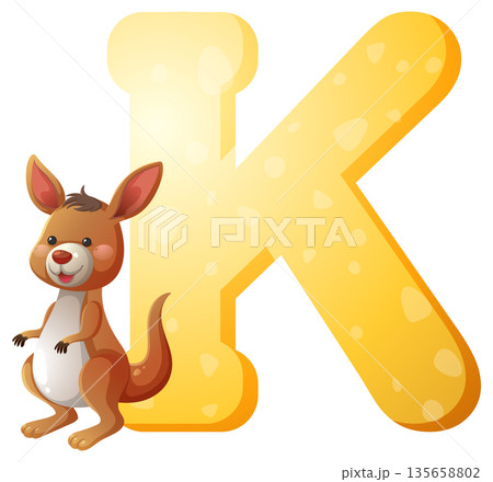 Cartoon Kangaroo with Large Yellow Letter K Illustration 135658802