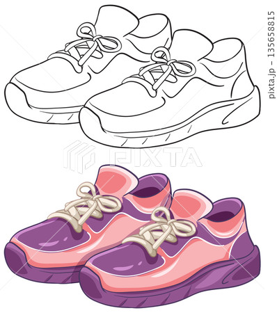 Pair of Athletic Running Shoes in Line Art and Color Vector 135658815