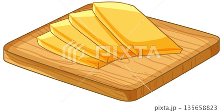 Slices of Yellow Butter or Cheese on a Wooden Cutting Board Slices of Yellow Butter or Cheese on a Wooden Cutting Board 135658823