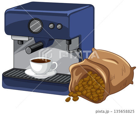 Blue Espresso Machine with Coffee Cup and Sack of Beans 135658825