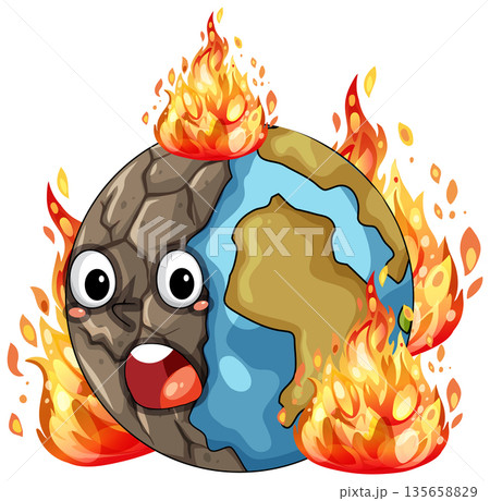 Crying Cartoon Earth Burning in Intense Flames 135658829