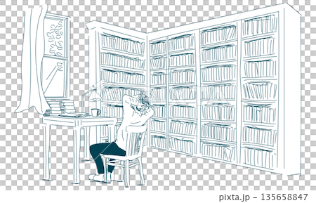 書斎で仕事の合間にくつろぐ男性(白塗りしたラインアート) 書斎で仕事の合間にくつろぐ男性(白塗りしたラインアート) 135658847