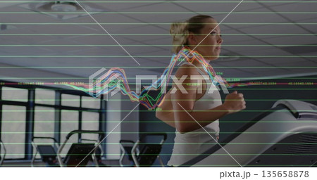 Running woman wearing sports bra on treadmill in gym, console display and graph overlay, copy space Running woman wearing sports bra on treadmill in gym, console display and graph overlay, copy space 135658878