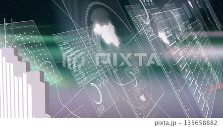 Holographic panels shifting in digital interface, with world map and lens flare effects 135658882