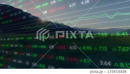 Overlaying financial chart on valley at evening with green line, red values, dotted grid lines Overlaying financial chart on valley at evening with green line, red values, dotted grid lines 135658886