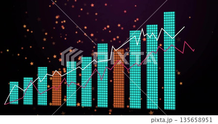 Displaying chart with teal orange grid bars and white magenta line graphs on cosmic stars backdrop 135658951