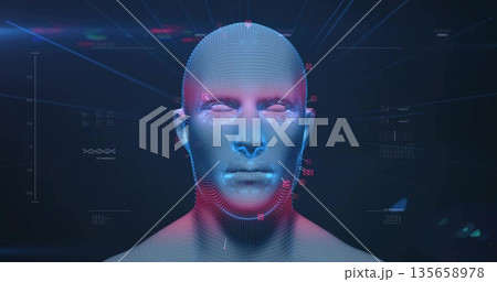Radiating streaks from 3D wireframe head in virtual chamber, showing biometric nodes, UI overlays 135658978