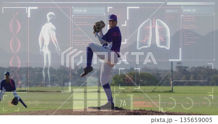 Winding up baseball pitcher pitching from mound, under HUD overlay with catcher squatting 135659005