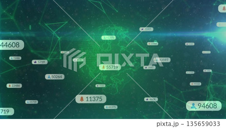 Rotating transparent globe in data interface, with network graph and numeric labels bearing icons Rotating transparent globe in data interface, with network graph and numeric labels bearing icons 135659033