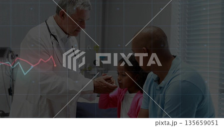 Dr inspecting girl's throat as dad watching in clinic, with stethoscope bench cabinets tray blinds 135659051