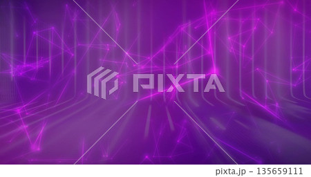Glowing network lines forming triangular mesh in cyberspace, with luminous nodes and light pillars Glowing network lines forming triangular mesh in cyberspace, with luminous nodes and light pillars 135659111