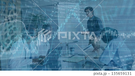 Presenting man in dark shirt explaining stock market charts in boardroom, with flipchart, laptops Presenting man in dark shirt explaining stock market charts in boardroom, with flipchart, laptops 135659131