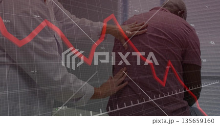 Comforting doctor with white coat placing hand on patient in clinic, with grid overlay, red line Comforting doctor with white coat placing hand on patient in clinic, with grid overlay, red line 135659160