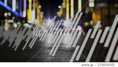 Overlaying white bar graphics on wet urban street at night, with blurred headlights, neon signs 135659182