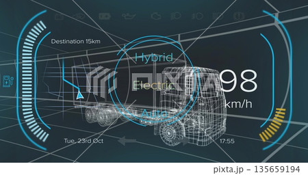 Displaying wireframe truck model in 3D grid tunnel with mode selector speedometer, navigation arrow 135659194
