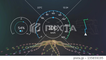 HUD showing speedometer gauge reading 100 km or h in cabin with battery level, temp or time and rout 135659195