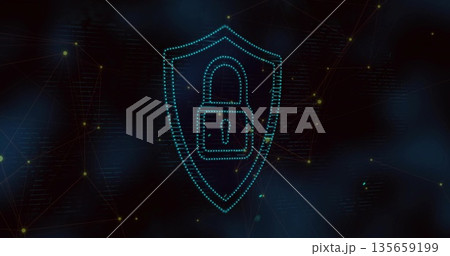 Glowing turquoise dotted shield floating in virtual network lines, with padlock icon and data nodes Glowing turquoise dotted shield floating in virtual network lines, with padlock icon and data nodes 135659199