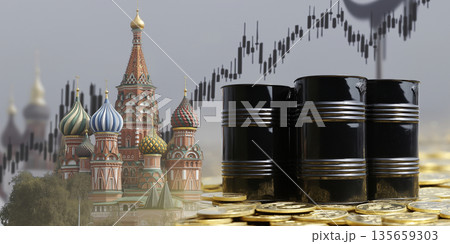 Black oil barrels in front of St. Basil's Cathedral and financial graphs, symbolizing the connection between energy markets and economic trends in Russia Black oil barrels in front of St. Basil's Cathedral and financial graphs, symbolizing the connection between energy markets and economic trends in Russia 135659303