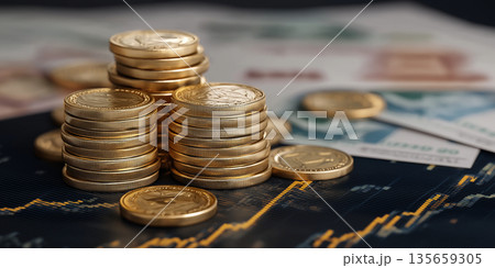 Stacked gold coins on a dark surface with financial charts and banknotes in the background, representing investment and currency exchange concepts 135659305
