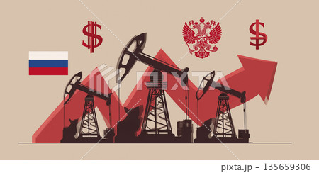 Oil drilling rigs with upward trend arrows and dollar signs, featuring the Russian flag and coat of arms, representing the oil industry in Russia 135659306