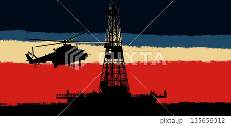 Helicopter flying near oil drilling rig silhouette against a backdrop of the Russian flag colors, showcasing industrial activity and energy extraction Helicopter flying near oil drilling rig silhouette against a backdrop of the Russian flag colors, showcasing industrial activity and energy extraction 135659312