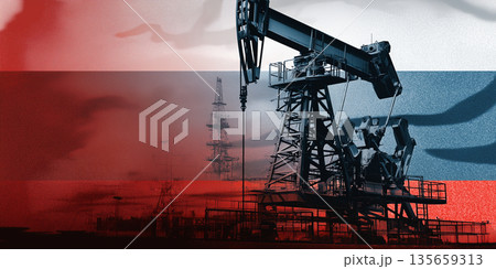 Oil drilling rig silhouette against a backdrop of the Russian flag, showcasing industrial machinery and oil extraction in a dramatic, stylized composition Oil drilling rig silhouette against a backdrop of the Russian flag, showcasing industrial machinery and oil extraction in a dramatic, stylized composition 135659313