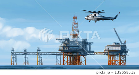 Helicopter flying above offshore oil rig platform with blue sky and clouds in the background, showcasing industrial structure and marine environment Helicopter flying above offshore oil rig platform with blue sky and clouds in the background, showcasing industrial structure and marine environment 135659318