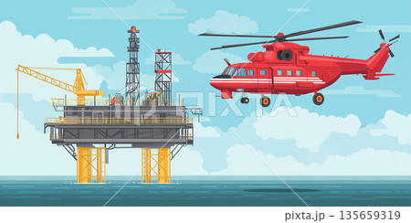Illustration of an offshore oil rig with a red helicopter flying above, surrounded by blue ocean and clouds in a clear sky Illustration of an offshore oil rig with a red helicopter flying above, surrounded by blue ocean and clouds in a clear sky 135659319