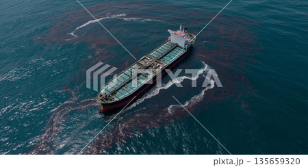 Large cargo ship navigating through ocean waters, with visible wake patterns and red algae bloom surrounding the vessel in a clear blue sea Large cargo ship navigating through ocean waters, with visible wake patterns and red algae bloom surrounding the vessel in a clear blue sea 135659320