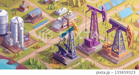 Illustration of an oil extraction facility featuring drilling rigs, storage tanks, solar panels, and a winding road in a rural landscape with trees and water Illustration of an oil extraction facility featuring drilling rigs, storage tanks, solar panels, and a winding road in a rural landscape with trees and water 135659323
