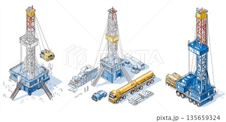 Illustration of three oil drilling rigs with detailed structures, vehicles, and equipment, showcasing various stages of oil extraction and transportation processes Illustration of three oil drilling rigs with detailed structures, vehicles, and equipment, showcasing various stages of oil extraction and transportation processes 135659324