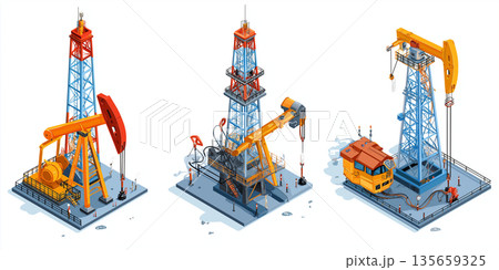 Illustration of three oil drilling rigs with different designs, including a pump jack, a rotary rig, and a service vehicle on a flat surface Illustration of three oil drilling rigs with different designs, including a pump jack, a rotary rig, and a service vehicle on a flat surface 135659325