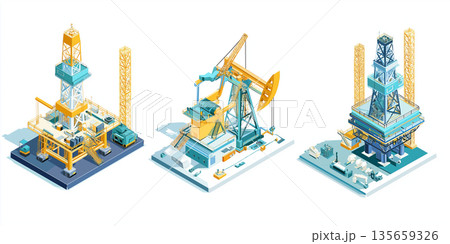 Three-dimensional illustration of oil drilling rigs, featuring a jack-up rig, a land rig, and a semi-submersible rig, showcasing detailed structures and equipment Three-dimensional illustration of oil drilling rigs, featuring a jack-up rig, a land rig, and a semi-submersible rig, showcasing detailed structures and equipment 135659326