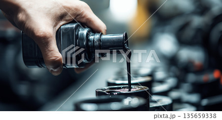Hand pouring black motor oil from a bottle into a canister on a workbench in an automotive workshop with blurred tools and equipment in the background 135659338