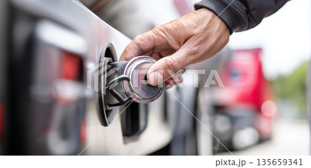 Close-up of a hand operating a fuel cap on a truck, with a blurred background of a red truck and outdoor environment visible 135659341