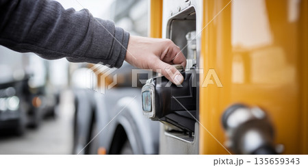 Hand of a male technician inserting fuel nozzle into a yellow fuel tank on a large truck, with blurred vehicles in the background at a fueling station Hand of a male technician inserting fuel nozzle into a yellow fuel tank on a large truck, with blurred vehicles in the background at a fueling station 135659343