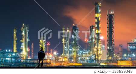 Industrial worker observing illuminated oil refinery at night, featuring tall towers, pipes, and vibrant lights against a dark sky with orange hues 135659349