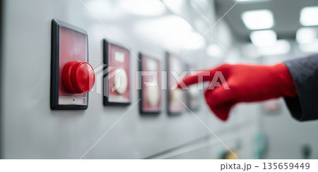 Close-up of a gloved hand pressing a red emergency stop button on a control panel with various switches and indicators in a modern industrial setting Close-up of a gloved hand pressing a red emergency stop button on a control panel with various switches and indicators in a modern industrial setting 135659449