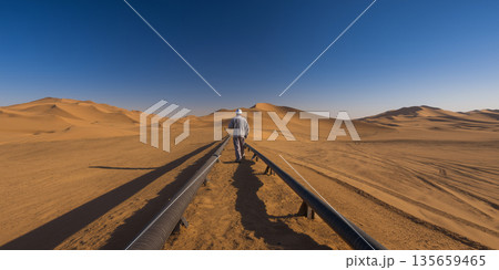 Worker in gray coveralls walks along oil pipeline through vast desert landscape with sand dunes and clear blue sky in the background 135659465