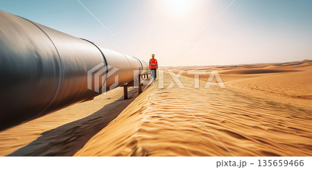 Worker in safety gear inspects a large pipeline in a desert landscape under a clear blue sky with sun shining brightly in the background 135659466