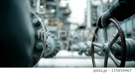 Industrial worker in gloves operates a large valve wheel in a refinery setting, with pipes and machinery visible in the background, showcasing a complex industrial environment Industrial worker in gloves operates a large valve wheel in a refinery setting, with pipes and machinery visible in the background, showcasing a complex industrial environment 135659467