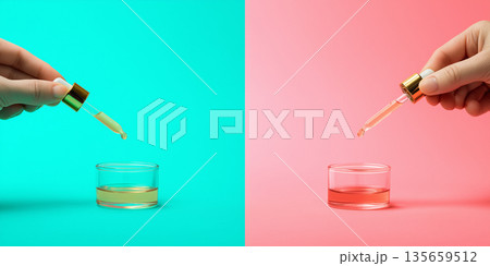 Hands holding droppers with liquid extracts over glass containers on contrasting turquoise and pink backgrounds, showcasing skincare or cosmetic products Hands holding droppers with liquid extracts over glass containers on contrasting turquoise and pink backgrounds, showcasing skincare or cosmetic products 135659512